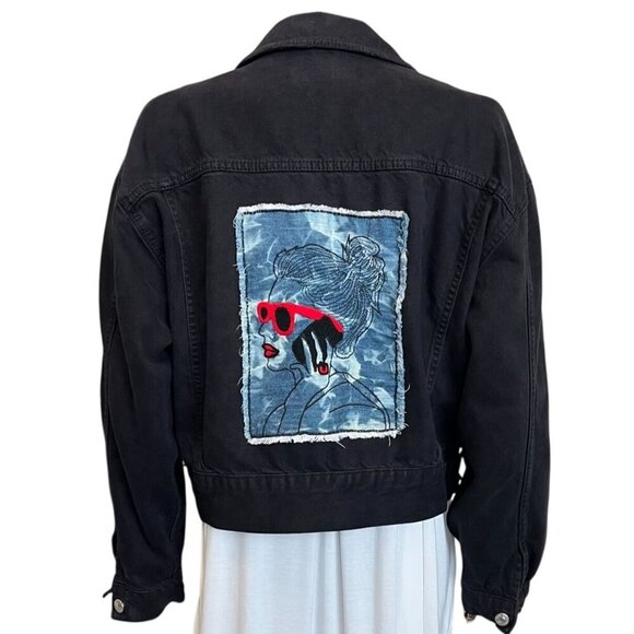 Topshop Upcycled Black Denim Moto Jacket Embroidered Girl Appliqué Back Patch 8 - Picture 1 of 10